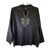 Venezza Shirt Men’s XL 100% Linen Popover  Leather Lacing Black Embroidery - £11.50 GBP