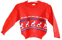 VTG 60s Kids Red Sweater Rocking Horse Motif Yellow Bird Japan Acrylic 3T - $59.35