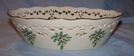 Lenox  Holly &amp; Berry Oval Pierced Bowl w/Gold Trim-9 1/4 inches long - £12.00 GBP