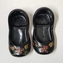 Handpainted Black Shoes Vintage Small Decorative Floral Ceramic Slippers - £7.07 GBP