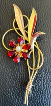 Vintage Floral Brooch Pin 1/20 Gold Fill Sterling Red Rhinestone VAN DELL Signed - £77.90 GBP