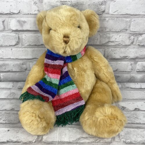 Primary image for CommonWealth Golden Teddy Bear Plush With Rainbow Scarf 2000 16 Inches