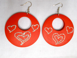 Boho True Red W Silver Glitter Hearts Wood Round Flat Hoop Wooden Earrings - £4.73 GBP