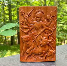 Standing Durga Maa Mahishasura Cherry Wood Carving Relief | Warrior Goddess - $89.10