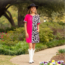 Fuschia &amp; Cow Print Mini Dress   Regular &amp; Plus Size Color Block Dress - £35.62 GBP