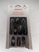 24pc Claire&#39;s Fake False Press On Nails Glue On Vegan Black Skeleton Coffin - $187.39 MXN