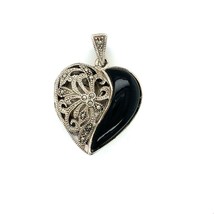 Vintage Sterling Signed 925 Heart Inlay Black Onyx and Marcasite Locket Pendant - £43.52 GBP