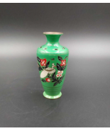 Vintage Peacock Floral Green Enamel over Brass Vase Chinese 4.75&quot; - $16.78