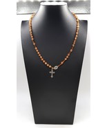 Vintage Amber Tone Beaded Cross Rosary Religious Prayer Necklace 22&quot; - $19.99