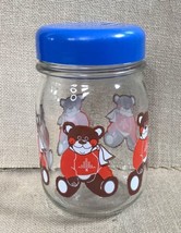 Vintage Red Sweater Teddy Bear Glass Jar  w Blue Lid Treat Storage Canister - £6.19 GBP