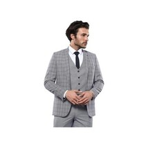 Men 3pc European Vested Suit WESSI by J.VALINTIN Slim Fit JV40 Gray Blue Plaid image 6