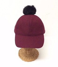 NEW Women Girls Wine red Wool Blend W/ Black Fur POM Baseball Cap Hat Adjustable - £5.69 GBP