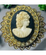 Vintage Dainty Filagree Black White Cameo Brooch Pin 1&quot; ACRYLIC Rhinesto... - £8.42 GBP