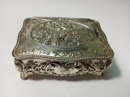 Vtg Footed Jewelry Trinket Lid Box Repoussed Silver Metal Lined Garden Fun Kids - £14.63 GBP