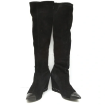 Chanel Suede Over The Knee BLACK Leather Boots Pointed Wedge Silver Chain 40.5 - £336.72 GBP