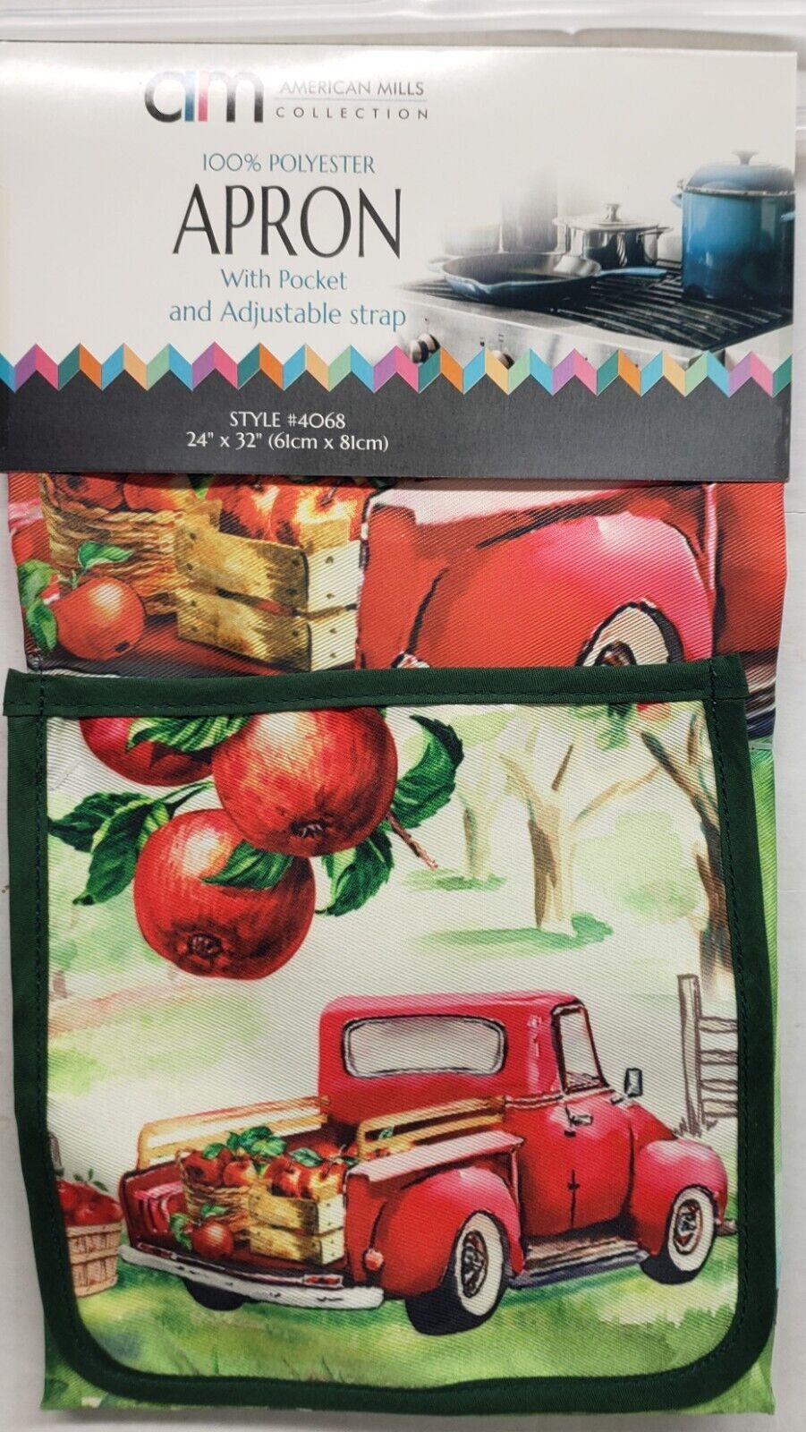 Primary image for Fabric Printed Kitchen Apron with Pocket, 24"x32", RED TRUCK WITH APPLES, AM
