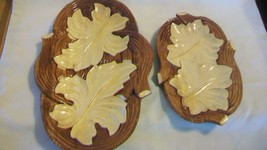 Pair of Hand Carved Wood Serving Trays, Varnished, Leaf Design - £36.41 GBP