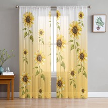 Yellow Sheer Curtains Rod Pocket Sunflower Kitchen Curtain, 63 Inch Length. - £35.12 GBP