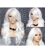 WHITE Human Hair Blend White Full Wig Wavy Long Heat Safe Bangs Layered ... - $1,678.11 MXN