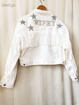 Denim Jacket With Stars White Fringe  &amp; Rhinestone Personalized Bride Jacket Cus - £55.90 GBP