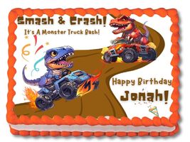 Dino Dinosaur Monster Truck Edible Image Birthday Edible Cake Topper Frosting Sh - £12.23 GBP