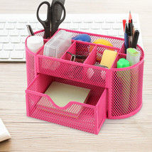 9 in1 Metal Mesh Desktop File Organizer Office School Supply Storage Holder Pink - £30.36 GBP