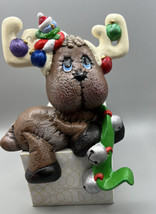 Ornament Christmas Reindeer Stocking Holder Sits on Shelf Fireplace Decorated - £11.13 GBP