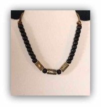 Vintage Choker Leather with Black and Gold Beads  - £6.40 GBP