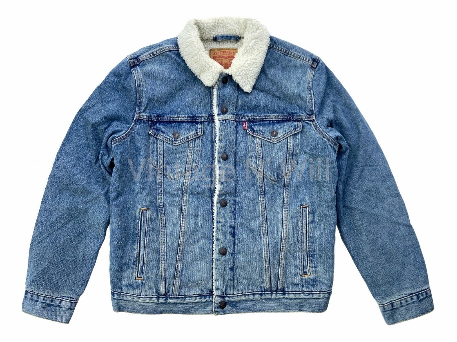 Levis Mens Medium Blue Wash Sherpa Denim Jean Quilted Sleeves Trucker Ja... - $75.52