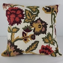 Floral Embroidered Pillow Floral Gold Red 20&quot; Green Boho Decor Decor Lumbar Vtg - £15.13 GBP