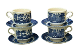 Churchill Blue Willow Tea Cup and Saucer Made in England 6 Ounce Set of 4 (b) - £14.97 GBP
