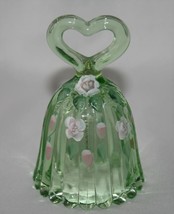 Fenton Glass Signed 9763 LV Small Sea Green Pink Flowers Heart Bell #2578 - £19.81 GBP