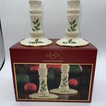 LENOX CANDLESTICK PAIR WHITE &amp; GOLD W/HOLLY LEAVES 4.5&quot; - £22.12 GBP