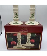 LENOX CANDLESTICK PAIR WHITE &amp; GOLD W/HOLLY LEAVES 4.5&quot; - £22.12 GBP