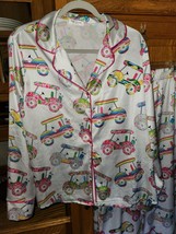 She Show Silky Sz M Golf Cart Print Pajama Set Pink Aqua White Multi - £19.41 GBP