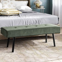 Mid-Century Green Corduroy Upholstered End of Bed Bench with Black Metal Legs - $253.42 CAD