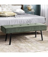 Mid-Century Green Corduroy Upholstered End of Bed Bench with Black Metal... - $253.42 CAD