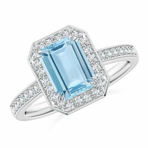 ANGARA Emerald-Cut Aquamarine Engagement Ring with Diamond Halo - £1,227.06 GBP