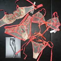 Victoria&#39;s Secret unlined 34C BRA SET+Panty+M garter TEDDY ORANGE embroidered - £134.55 GBP