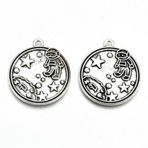 5 Astronaut Charms Man on the Moon Pendants Antiqued Silver Space Jewelry 28mm - $3.15
