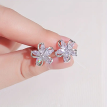 Silvery Plated Flower Rhinestone Stud Post Earrings - New - £11.98 GBP