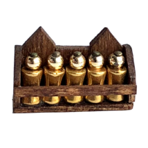 dollhouse miniature wooden spice rack potion rack perfume five gold bottles bath - £8.01 GBP