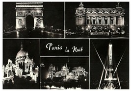 Paris at Night Arc de Triumph L&#39;Opera Notre Dame Sacre Coeur RPPC Postcard - £12.65 GBP