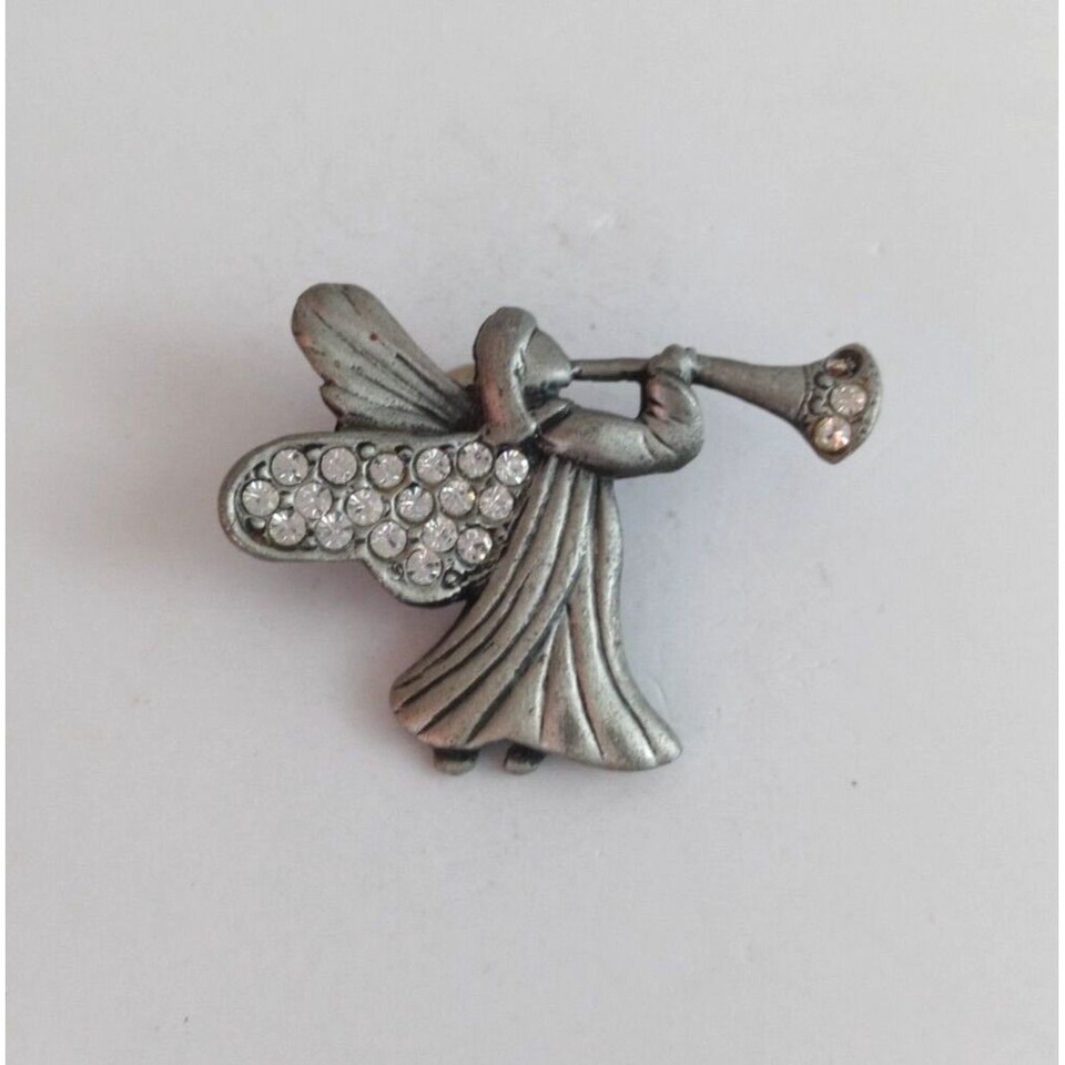 Vintage Jeweled Silver Angel With Trumpet Lapel Hat Pin - $8.42