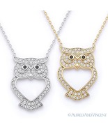 Owl Animal Charm CZ Crystal Luck Pendant &amp; Chain Necklace in 925 Sterlin... - £22.13 GBP