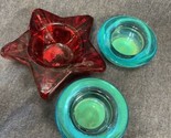 Vintage Heavy Ruby Red Star And 2 Blue Tea Light Candle Holders - $9.90
