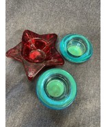 Vintage Heavy Ruby Red Star And 2 Blue Tea Light Candle Holders - £7.77 GBP
