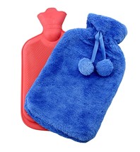 Rubber Hot Water Bottle with Soft Plush Fleece Cover 2000ml (67 fl. oz) Blue - £10.27 GBP