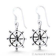 Ship&#39;s Helm &amp; Anchor Seafarer Charm .925 Sterling Silver Dangling Hook Earrings - £15.42 GBP