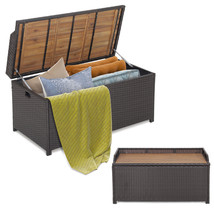 Patio Wicker Deck Box W/Acacia Wooden Seat Storage Bench Poolside Garden - £151.04 GBP